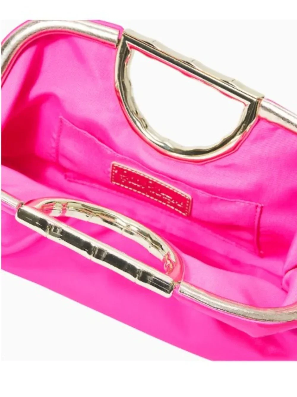 New Lilly Pulitzer Culver Clutch Bag Cerise Pink Satin Gold Metal Bamboo Handle